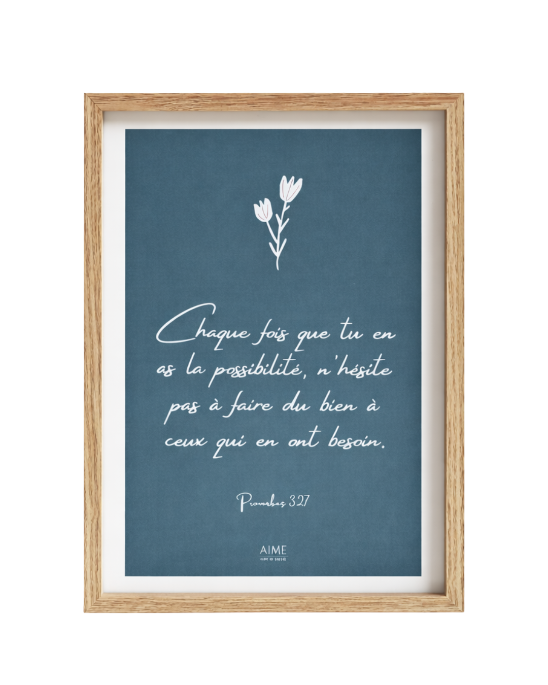 Tableau biblique moderne avec verset Proverbes 3.27 sur fond bleu et cadre bois